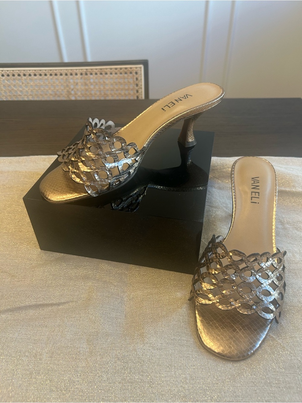Vaneli Metallic Cutout Heeled Slide Sandals
Size 6.5 | Like New